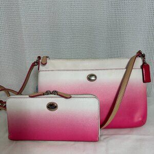 Coach Pink Gradient Ombre Peyton Leather Crossbody + Wallet Zip-Around Set